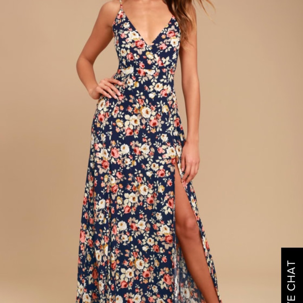 NAVY BLUE FLORAL PRINT MAXI DRESS